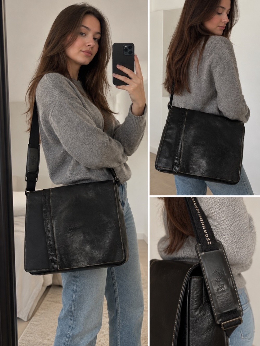 Mario Hernandez Black Leather Messenger Laptop Shoulder Bag